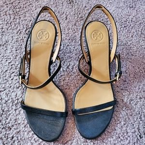 Tory Burch 65mm Penelope Slingback Sandal in Black Embossed Lizard Leather